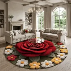 GENERICO - Alfombra Circular Grande 2mts de Diámetro para Sala o Dormitorio Rosas Rojas