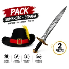 GENERICO - Pack Sombrero Mosquetero Gato con Botas con Accesorio Cosplay Halloween Disfraz