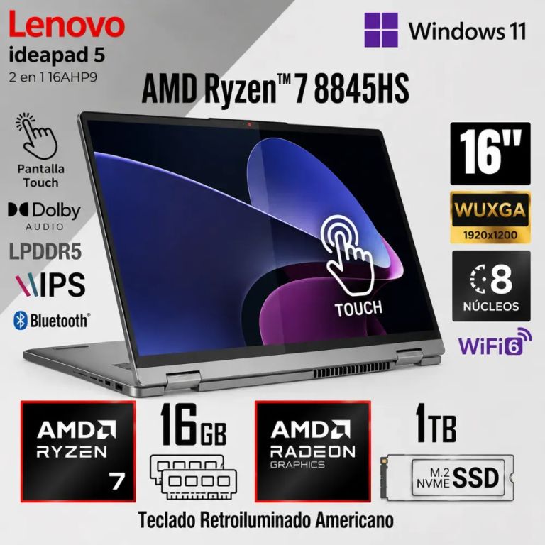 Laptop IdeaPad 5 2 en 1 16AHP9 AMD Ryzen 7 8845HS 16GB RAM 1TB SSD 16" WUXGA Táctil 83DS0056U