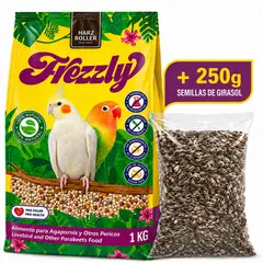 GENERICO - ALIMENTO PREMIUM PARA AGAPORNIS, NINFAS Y OTROS PERICOS MARCA FREZZLY 1kg + SEMILLAS DE GIRASOL 250g