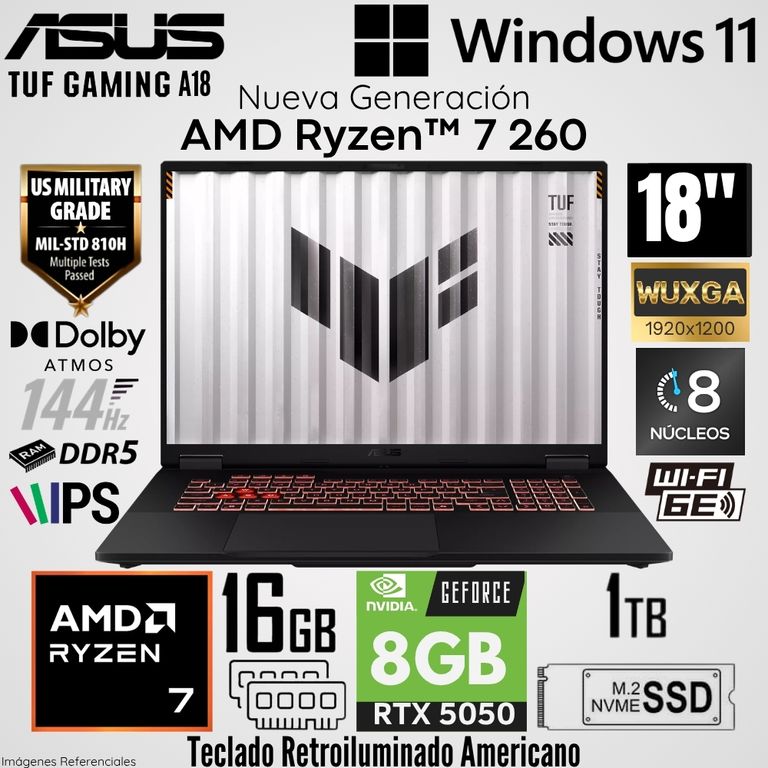 Laptop TUF Gaming A18 FA808UH AMD Ryzen 7 260 16GB RAM 1TB SSD RTX 5050-8GB 18" WUXGA 144Hz