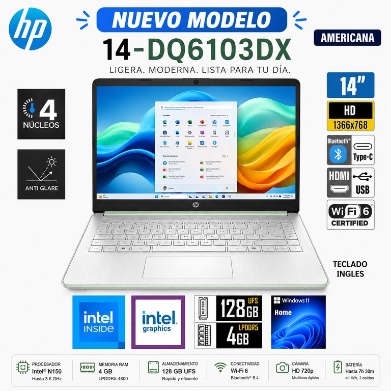Laptop 14-DQ6103DX Pantalla 14 HD Intel N150 RAM 4GB 128GB WIN11 HOME