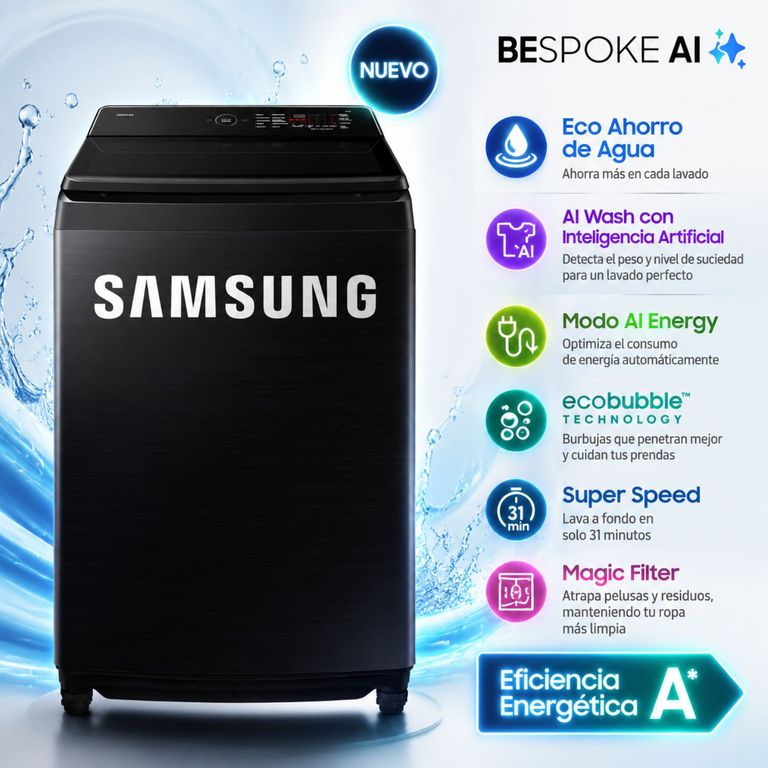 Lavadora 19KG AI Wash Ecobubble Carga Superior Negra WA80F19S8BPE