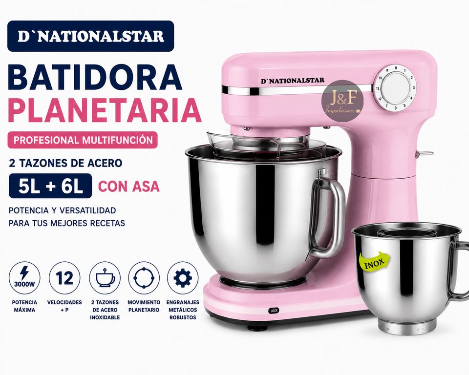 BATIDORA PLANETARIA D'NATIONALSTAR DE 12 VELOCIDADES 3000W TAZON 5L + 6 LITROS (COLOR ROSADO)