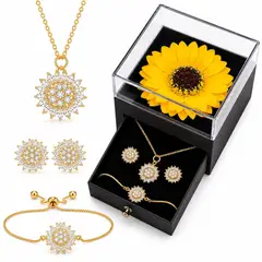 GENERICO - Set Collar Aretes y Pulsera Girasol Dorado Mujer Elegante Regalo
