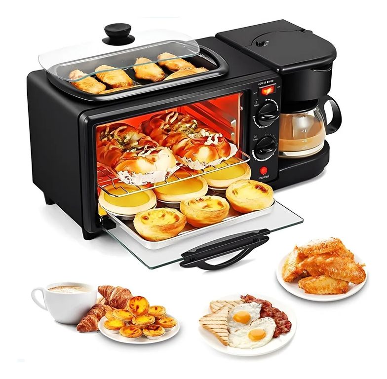 Máquina para Desayuno 3 en 1 Horno Cafetera y Sartén Eléctrica Negro