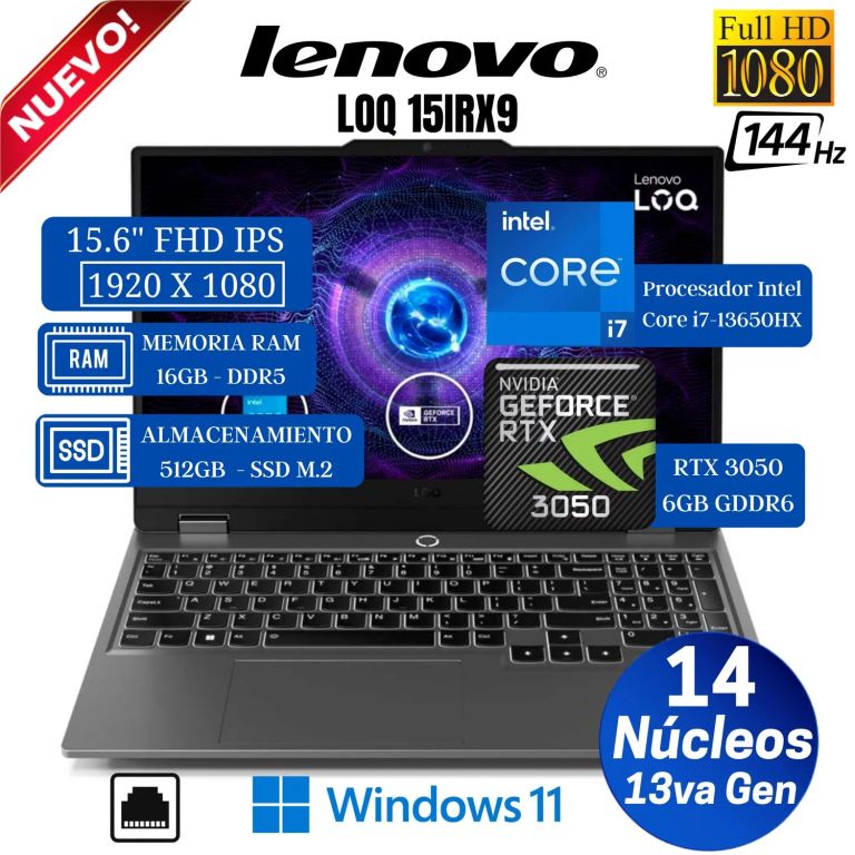 Laptop LOQ 15IRX9 15.6” FHD IPS, Intel Core i7-13650HX, Ram 16GB, Ssd 512GB, RTX 3050