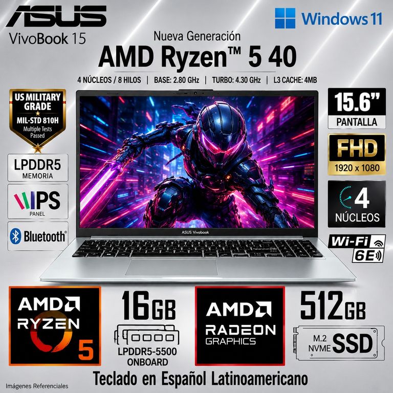 Laptop Vivobook Go 15 E1504FA-BQ2937 AMD Ryzen 5 40 16GB RAM 512GB RAM 15.6" FHD - Green Gray