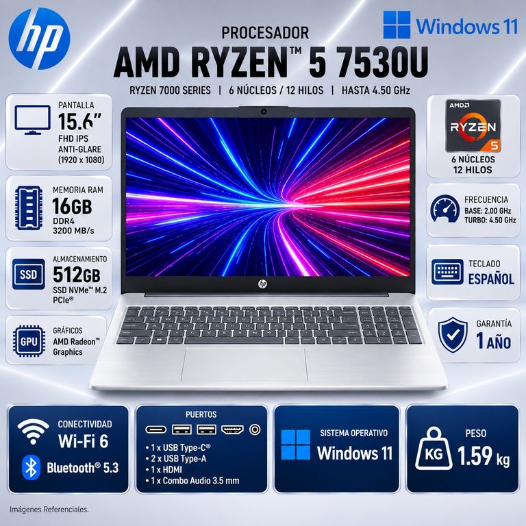 Laptop 15-fc0356la AMD Ryzen 5 7530U RAM 16 GB SSD 512 GB 15.6" FHD Windows 11 PRO Azul