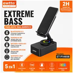 EWTTO - Parlante Bluetooth ET-P1480B 5W RGB con Soporte para Celular 360°