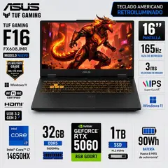 ASUS - Laptop TUF Gaming F16 Intel Core i7 14650HX 32GB RAM 1TB SSD RTX 5060-8GB 16" WUXGA FX608JMR-F16I75060