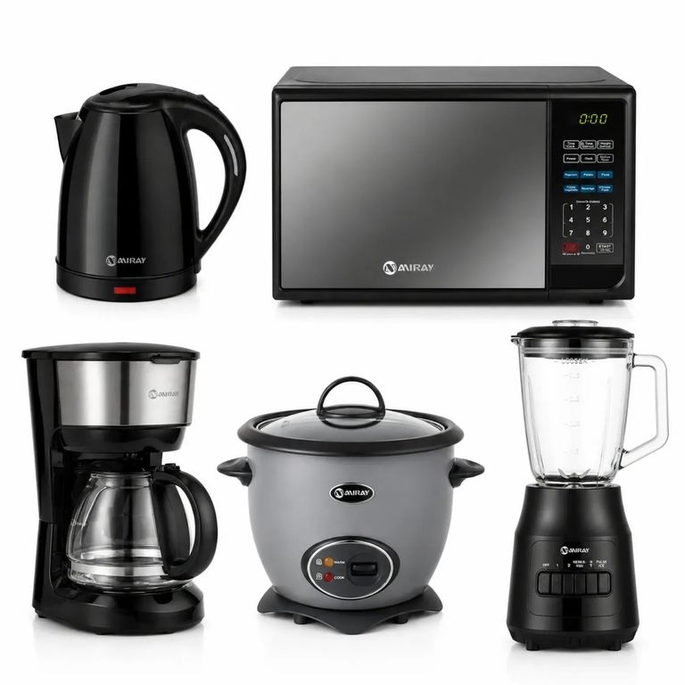 PentaCombo Olla Arrocera Gris 1.5L + Licuadora 1.5L 600W + Horno Microondas 20L + Hervidor 1.8 Litros Negro + Cafetera 6 Tazas