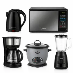 MIRAY - PentaCombo Olla Arrocera Gris 1.5L + Licuadora 1.5L 600W + Horno Microondas 20L + Hervidor 1.8 Litros Negro + Cafetera 6 Tazas