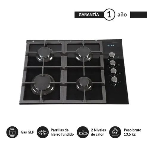 Encimera a Gas 4 Quemadores 60cm Crystal