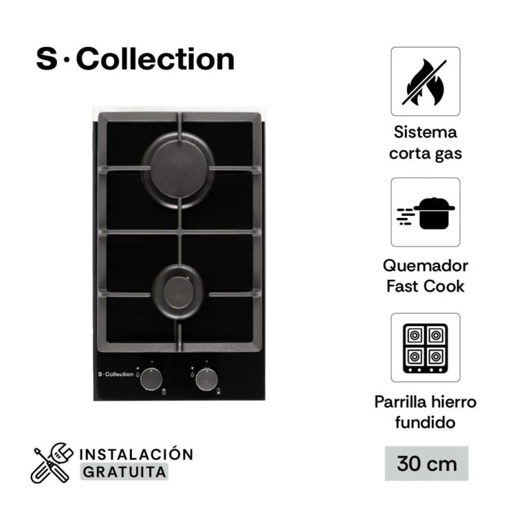 Encimera empotrable de gas 2 hornillas, modelo 0SOLCO061, ideal para cocinas profesionales