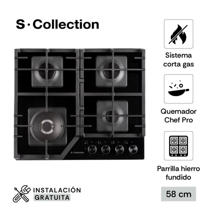 Encimera empotrable de gas 4 hornillas, modelo oficial 3120SOLCO066, colección S-Collection