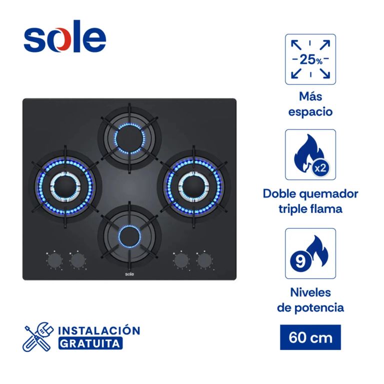 Encimera de cocina Rubí Pro Sole, modelo 3120SOLCO081, 60 cm, vidrio templado y 4 hornillas