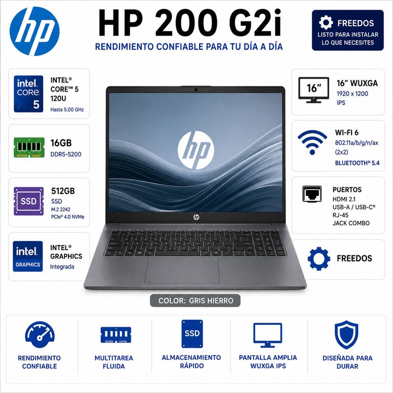 Laptop 200 G2i Intel® Core™ 5 120U 16GB DDR5 512GB SSD 16" WUXGA FreeDOS – D61LBAT