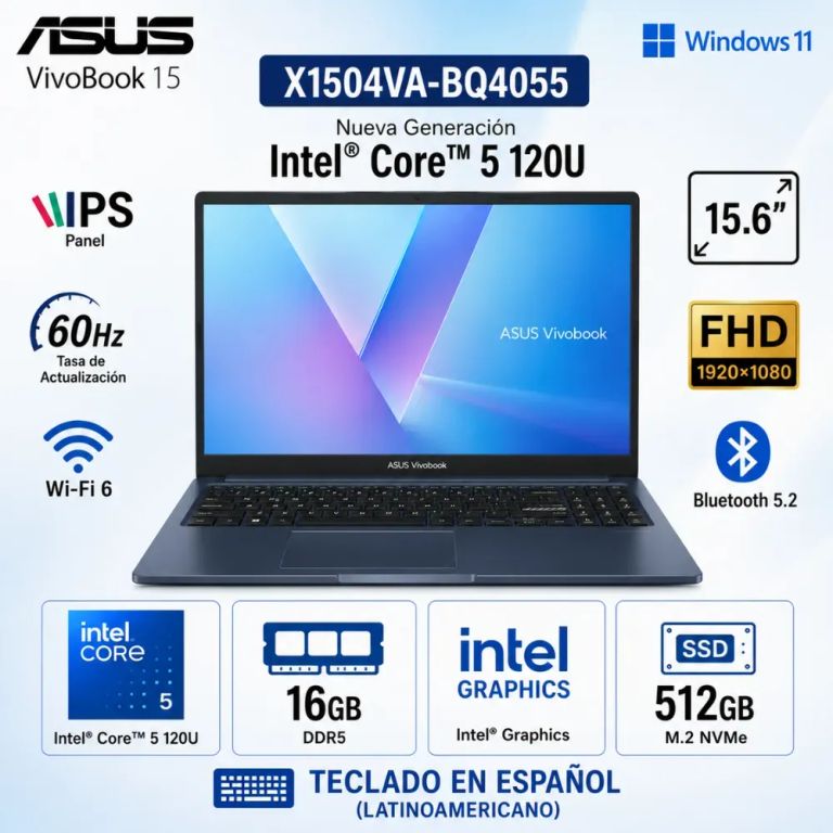 Laptop Vivobook 15 X1504VA-BQ4055 Intel Core 5 120U 16GB RAM 512GB SSD 15.6" FHD - Quiet Blue