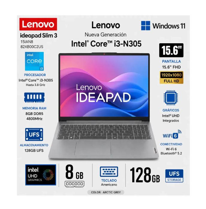 Laptop IdeaPad Slim3 15IAN8 82XB00C2US 15.6" FHD Intel Core i3-N305 8GB 128GB - Arctic Grey
