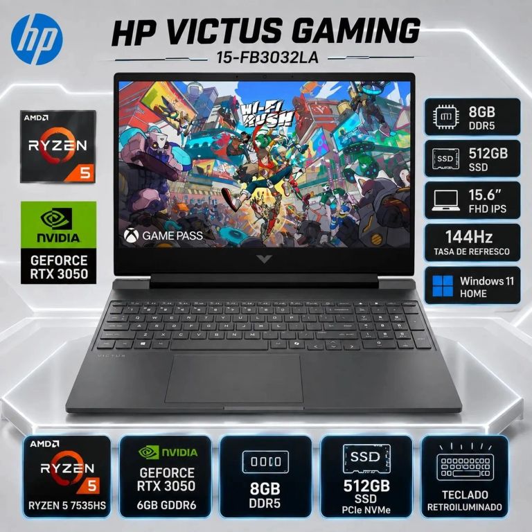Laptop Victus Gaming Ryzen 5 7535HS 8GB 512GB SSD RTX 3050 6GB 15.6" FHD 144Hz Win11 15-FB3032LA