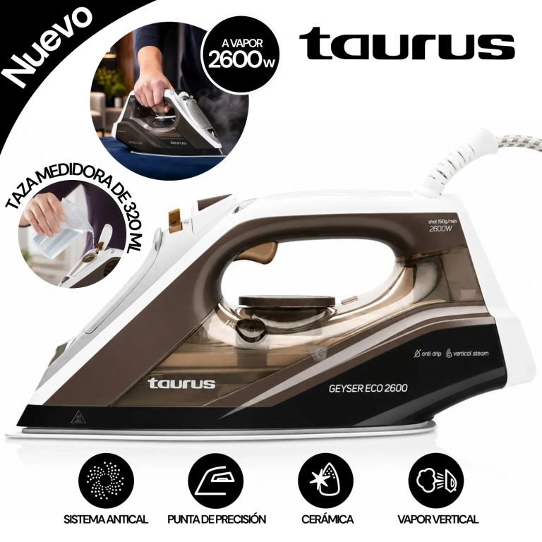 Plancha a vapor ECO 2600 Marrón Taurus, diseño robusto y funcional para uso doméstico