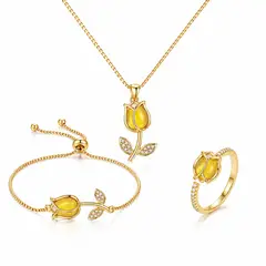 GENERICO - Set Collar Pulsera y Anillo Tulipán Mujer Acero Inoxidable Baño de Oro Piedras Amarillas Elegante Regalo