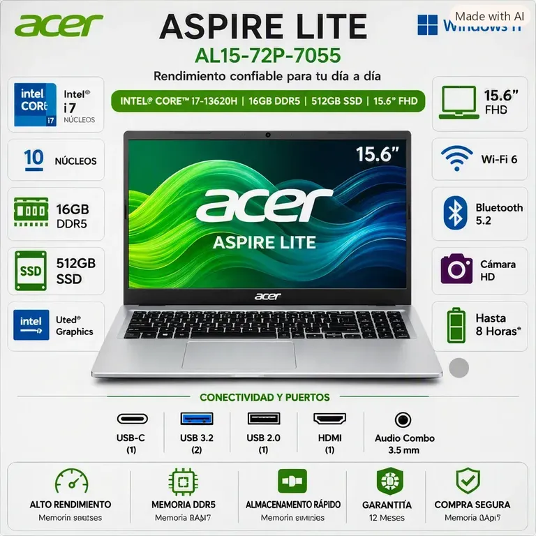 Laptop ASPIRE LITE AL15-72P-7055 Intel® Core™ i7-13620H 16GB DDR5 512GB SSD 15.6" FHD Windows 1