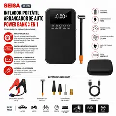 SEISA - Arrancador Bateria Inflador de Llanta de Auto Portatil 150PSI Compresor Aire AF-C06 Negro