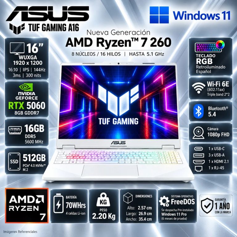 Laptop FA608UMI-TU255 AMD Ryzen 7 -260 Ram 16Gb. SSD 512Gb RTX 5060 16" FHD