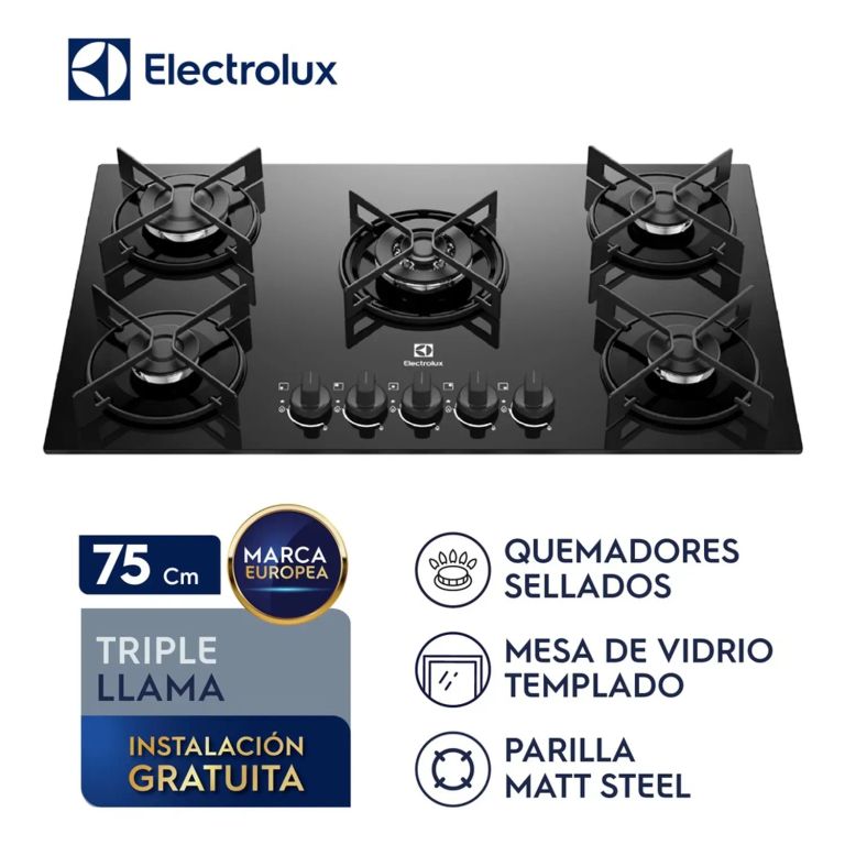 Cocina empotrable a gas 5 hornillas modelo KE5GT Efficient de vitrocerámica triple llama
