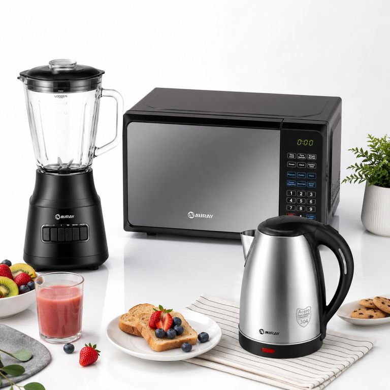 Combo Licuadora 1.5L 600W + Horno Microondas 20L + Hervidor 1.8 Litros Plata