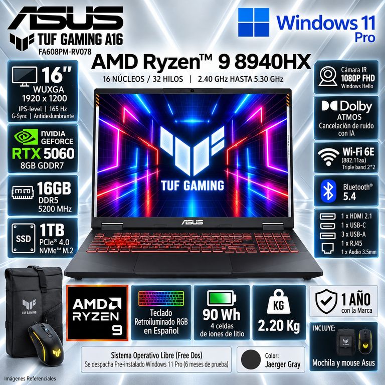 Laptop TUF Gaming A16 AMD Ryzen 9 8940HX 16GB RAM 1TB RTX 5060-8GB 16" WUXGA FA608PM-RV078