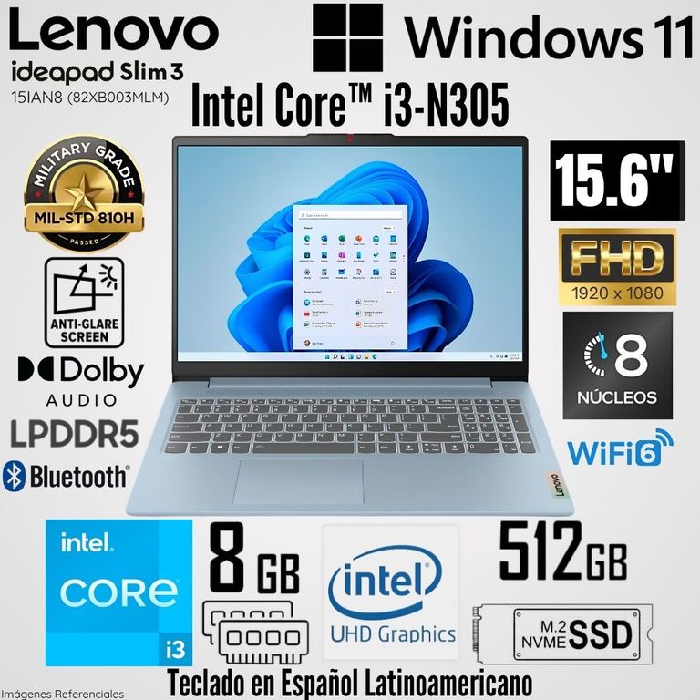 Laptop IdeaPad Slim 3 15IAN8 Intel Core i3-N305 8GB RAM 512GB SSD 15.6" FHD - 82XB003MLM