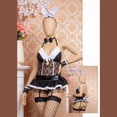 GENERICO - Lencería Sexy Disfraz Conejita Top con Liguero Falda Panty Colita Orejas Corbatín Puños Medias S-M-L
