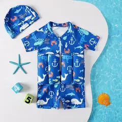GENERICO - Traje de Baño Flotante Niños Flotabilidad Ajustable con Gorro Azul 5 años