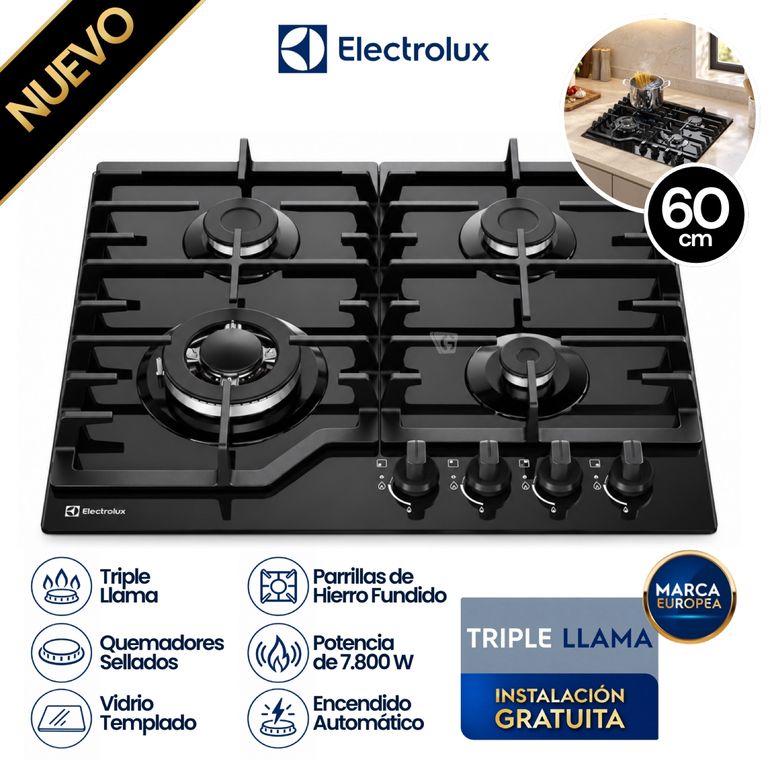 Encimera a gas 4 hornillas 60cm mesa de vidrio KE4CB