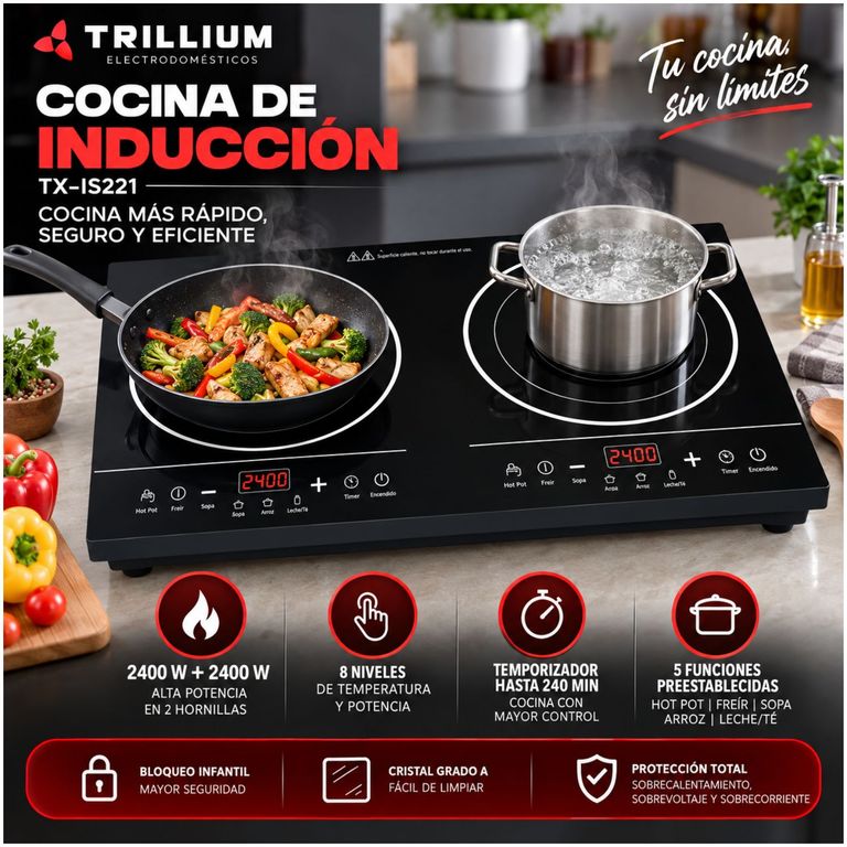 Cocina de Inducción Trillium TX-IS221 2 Hornillas 4800W Timer 8 Niveles Temperatura Bloqueo Infantil