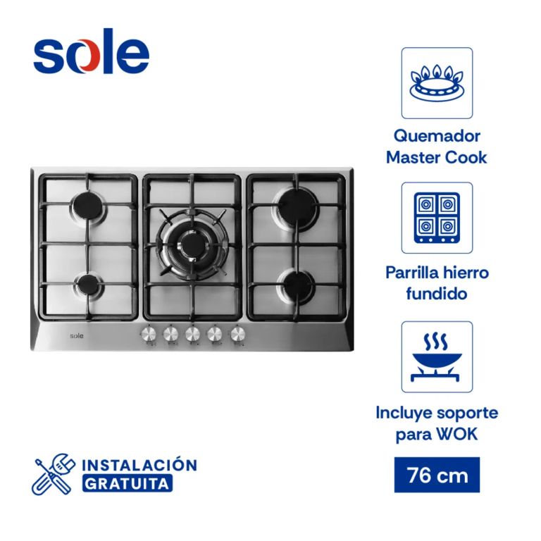 Acero Inoxidable Encimera 86 cm 5 Hornillas - Modelo SOLCO038