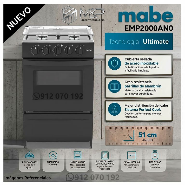 Cocina de Piso a Gas 51 cm Inox. EMP2000AN0 Negro