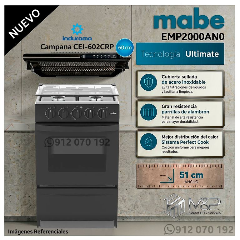 Cocina de Piso a Gas 51 cm Inox. Negro EMP2000AN0 + Campana CEI-602NE