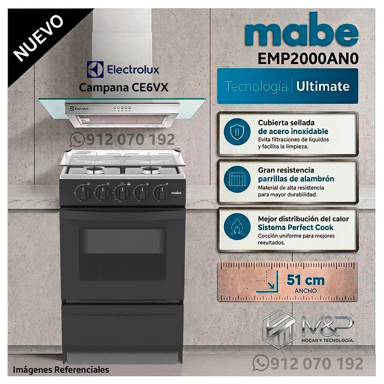 Cocina de Piso a Gas 51 cm Inox. Negro EMP2000AN0 + Campana CE6VX