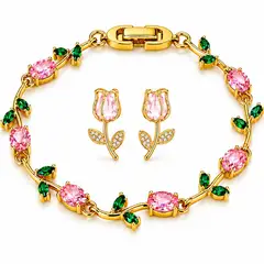 GENERICO - Set Aretes y Pulsera Tulipán Mujer Dorado con Piedras Rosadas y Verdes Regalo