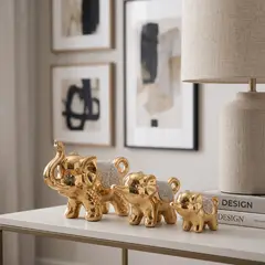 IMPORTADO MC - Set 3 Elefantes Familia Suerte Dorados Manta Plata y Cristales Adorno Decorativo Sala Ceramica
