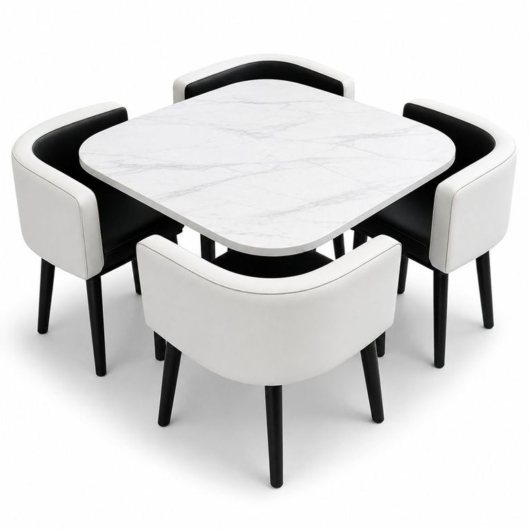Comedor de 5 Piezas Cuadrado con Mesa Efecto Mármol y Sillas