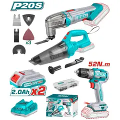 TOTAL - Combo 3 en 1 Taladro 52Nm + Multiherramienta Oscilante + Aspiradora 20V 2 Baterías 2.0Ah TOSLI240685