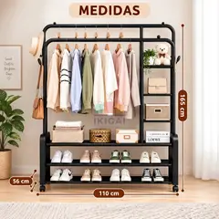 GENERICO - Organizador De Ropa Perchero Multinivel Con Ruedas De Acero - Negro
