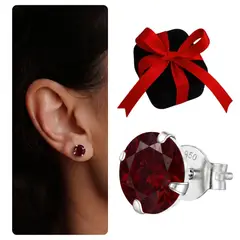 KARMY - Aretes Pegados Mujer Plata 950 Zircón Circular Rojo - 7mm