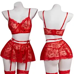 GENERICO - Conjunto De Lencería Sexy Transparente De Encaje Rojo 5 Piez