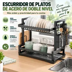 GENERICO - Escurridor de Platos De Acero Multifuncional 2 Niveles Con Drenaje y Porta Cubiertos - Negro